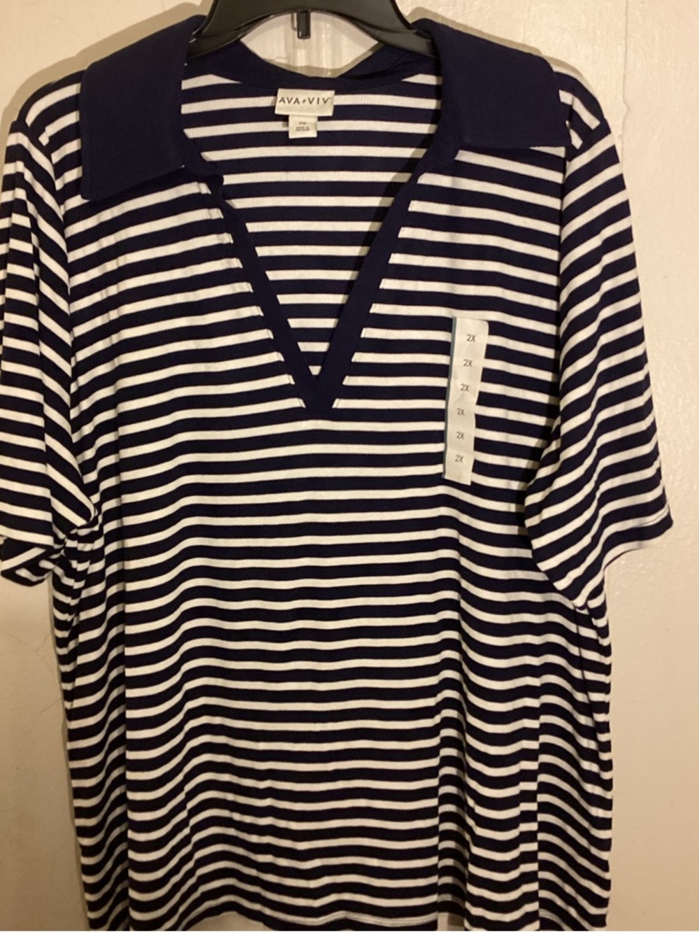 Ava & Viv Navy and White Striped V-Neck 2x top - Picture 3 of 5